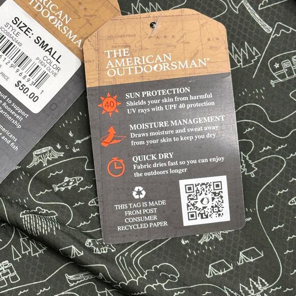 NWT American Outdoorsman Olive Green Camp Graphic UPF 40 Button Up Mens Small S - Picture 6 of 11